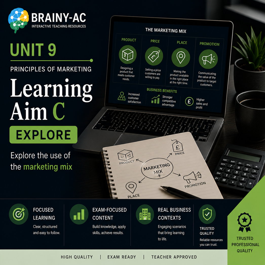 BTEC First Business Unit 9 – Principles of Marketing Learning Aim C (C.1 & C.2) 4 Complete Lesson Bundle